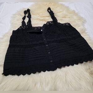 BB Dakota Womens Large Eyelet Crop Tank  Black Sleeveless Knit  Lace Casual